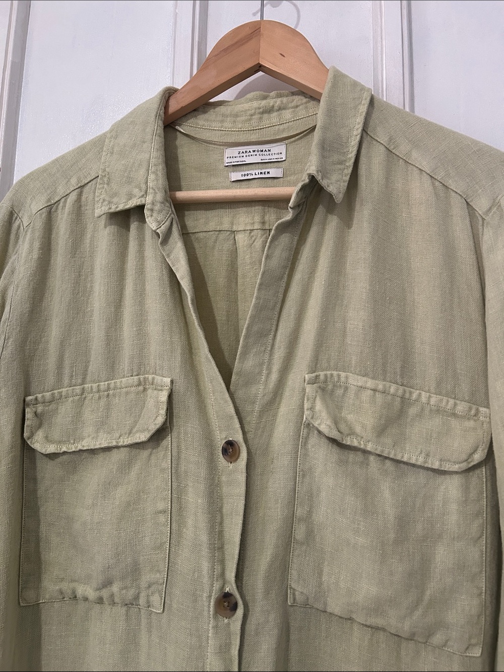 Zara Woman Premium Denim Linen Button Up Shirt Made in Portugal - Sage Green - M - Picture 5 of 6